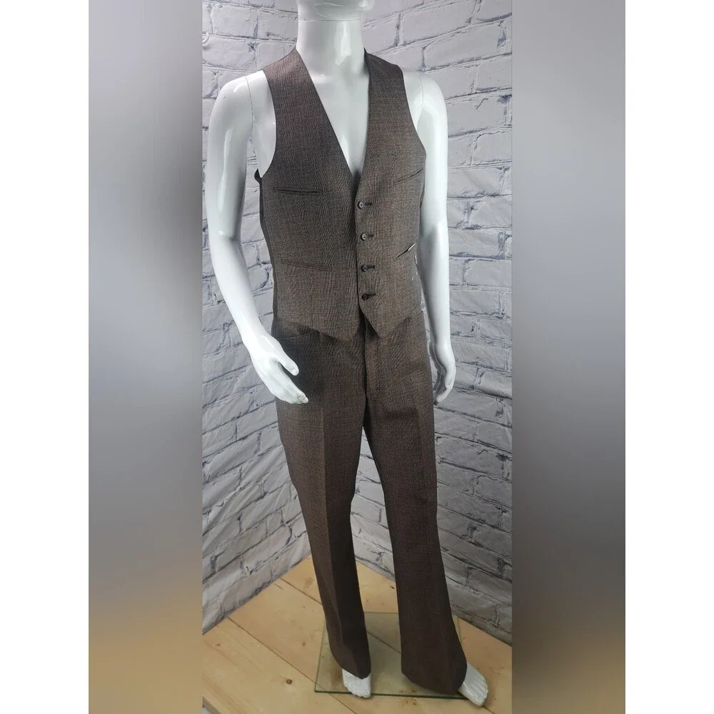 Vintage 70s 80s Men's 3 Piece Suit Brown Check Canvassed Flare Leg 40L 38L 34W